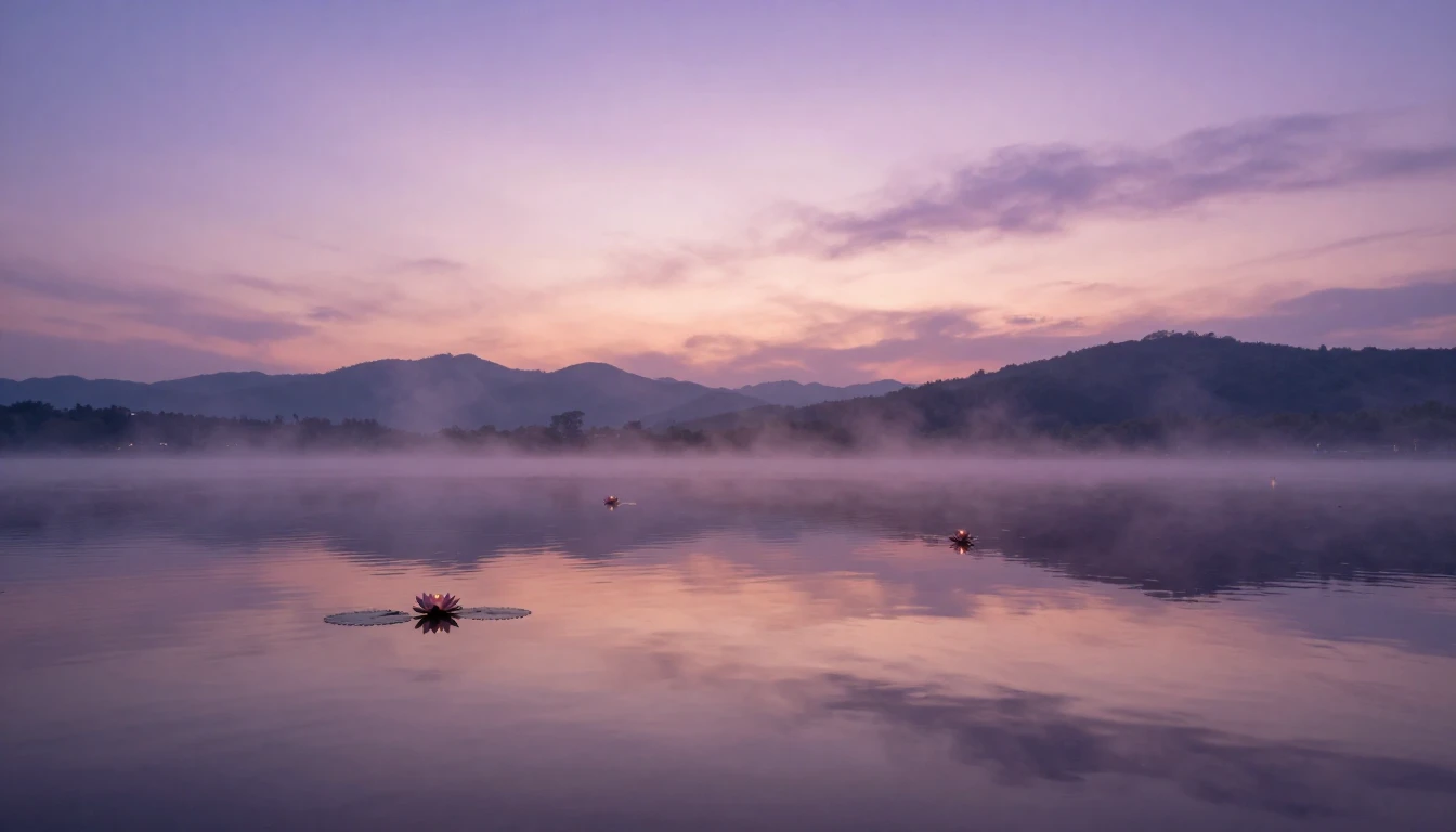 A breathtaking landscape of a tranquil lake at sunset, where...