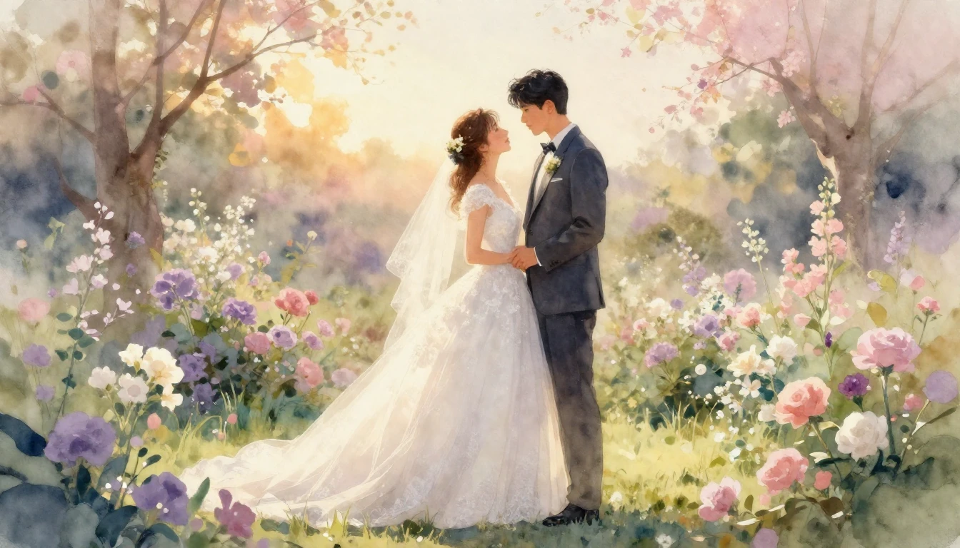 A romantic and dreamy watercolor painting of a newlywed coup...