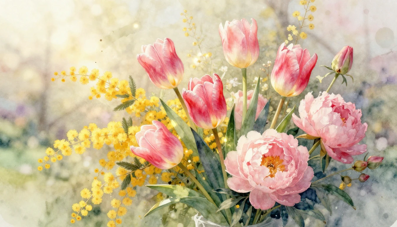 A beautiful watercolor painting of a lush bouquet of spring ...