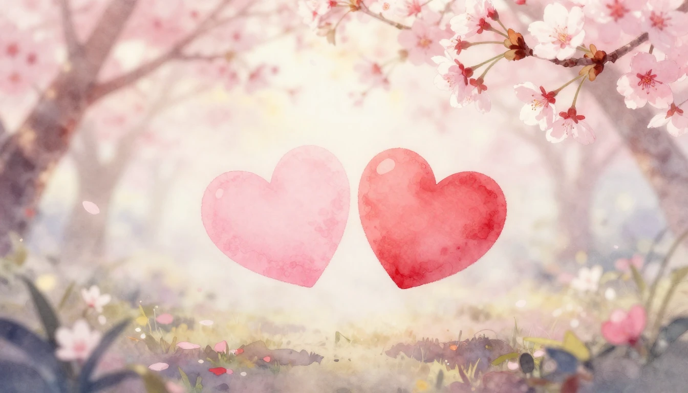 A delicate watercolor painting of two soft pink and red hear...