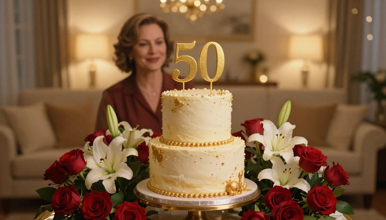 A heartwarming and elegant 50th birthday celebration scene f...