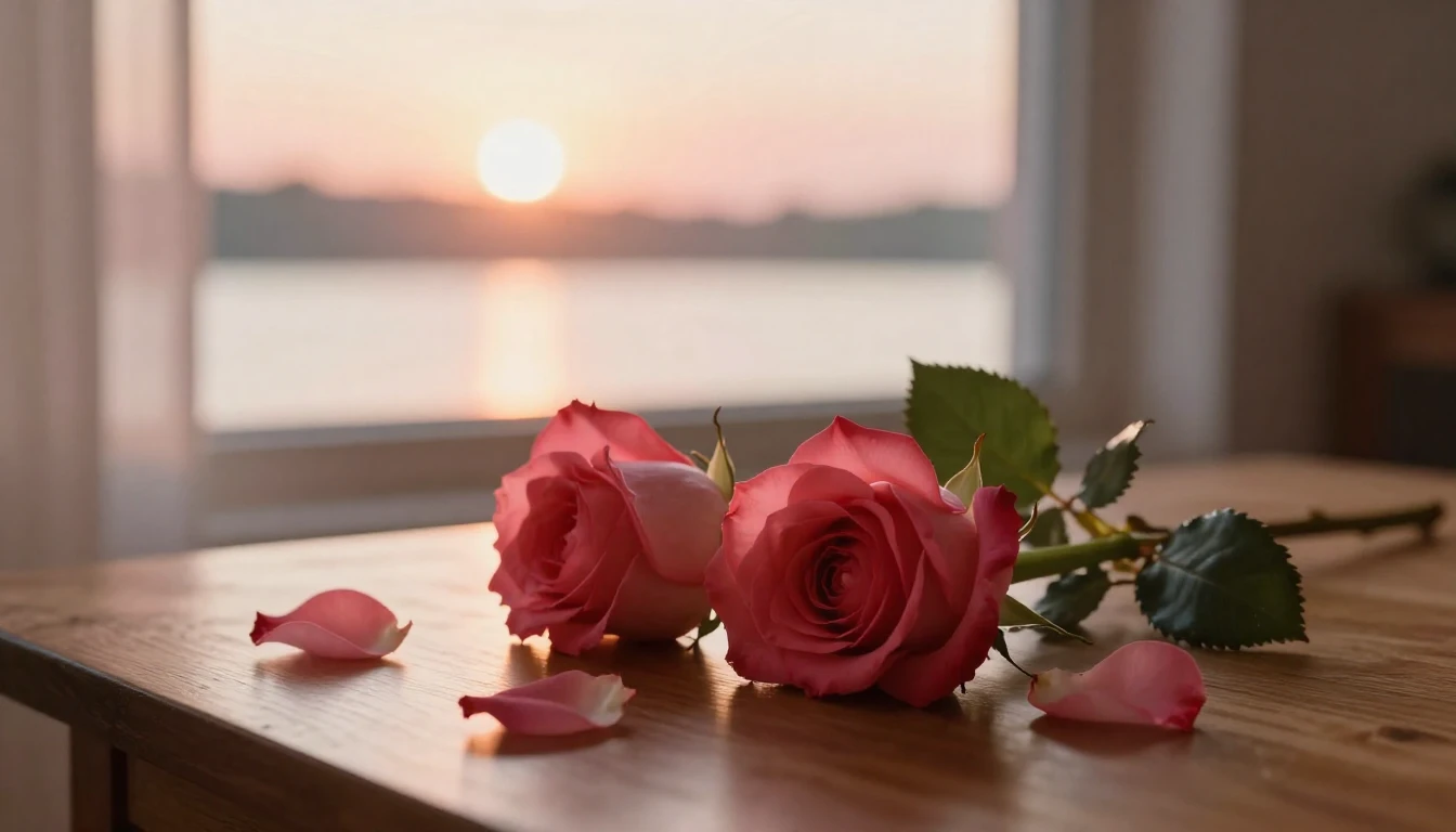 A beautiful and ethereal scene featuring two delicate red ro...