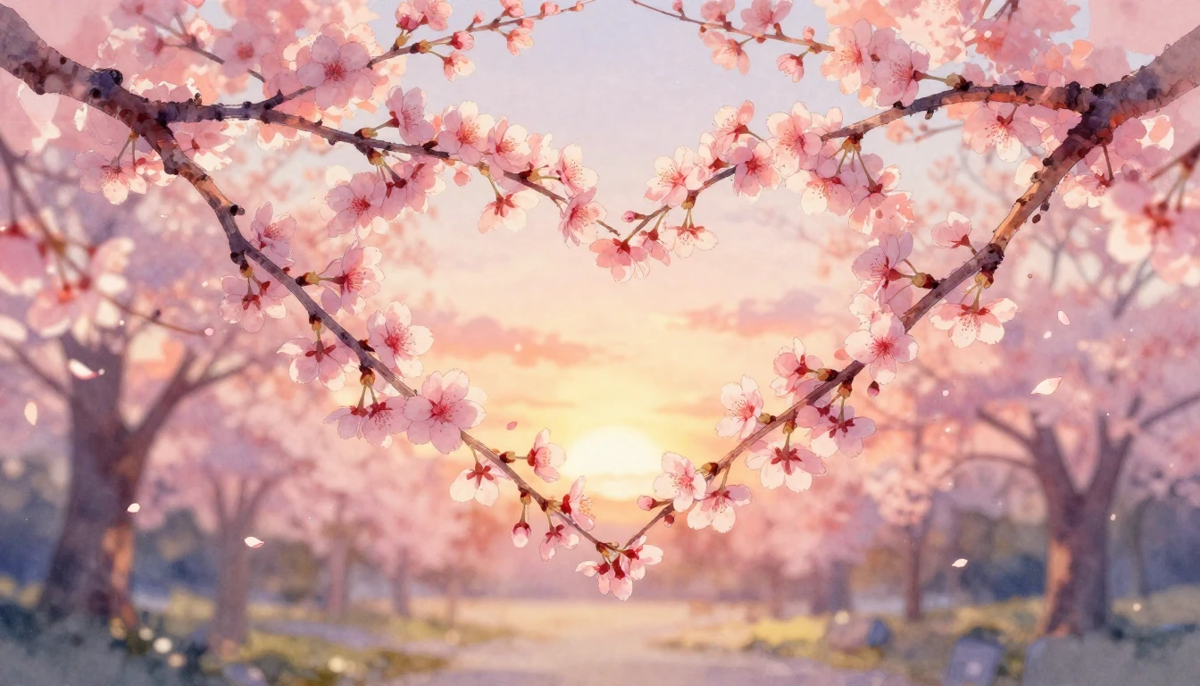 A delicate watercolor painting of two intertwined cherry blo...