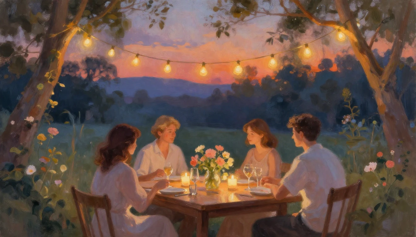 An impressionistic painting of a cozy garden party at dusk. ...