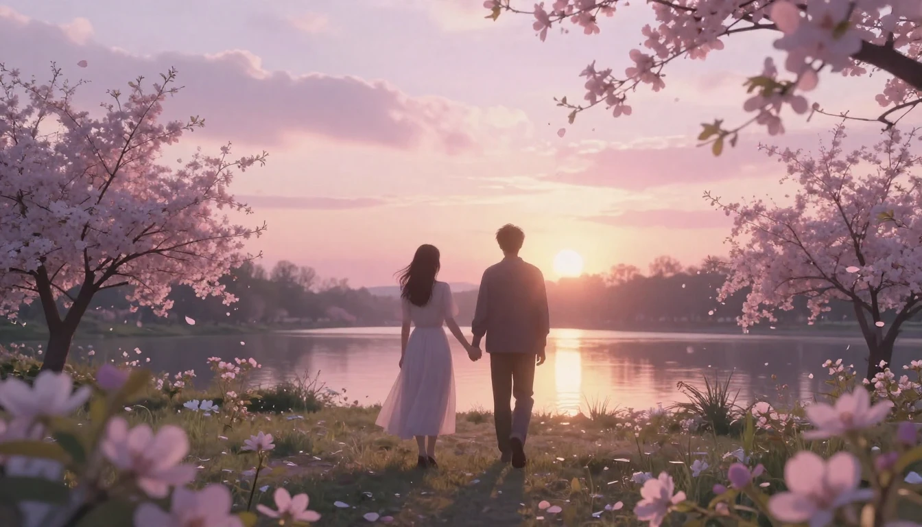 A beautiful, ethereal scene of two silhouettes walking hand-...