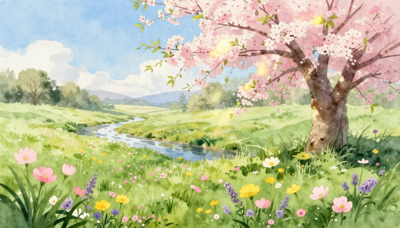 A breathtaking spring landscape in a soft watercolor style. ...