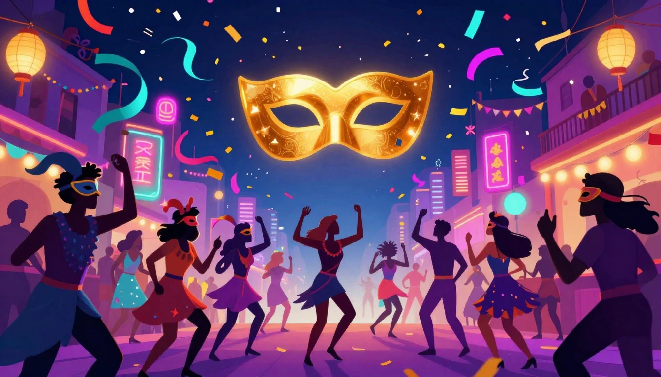 A vibrant and energetic digital art illustration of a Purim ...