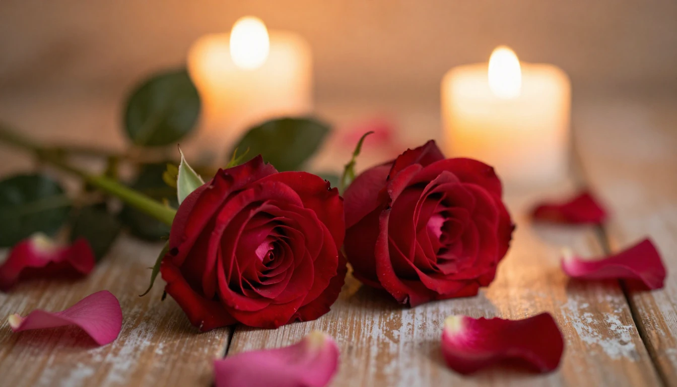 A beautiful and delicate scene featuring two red roses resti...