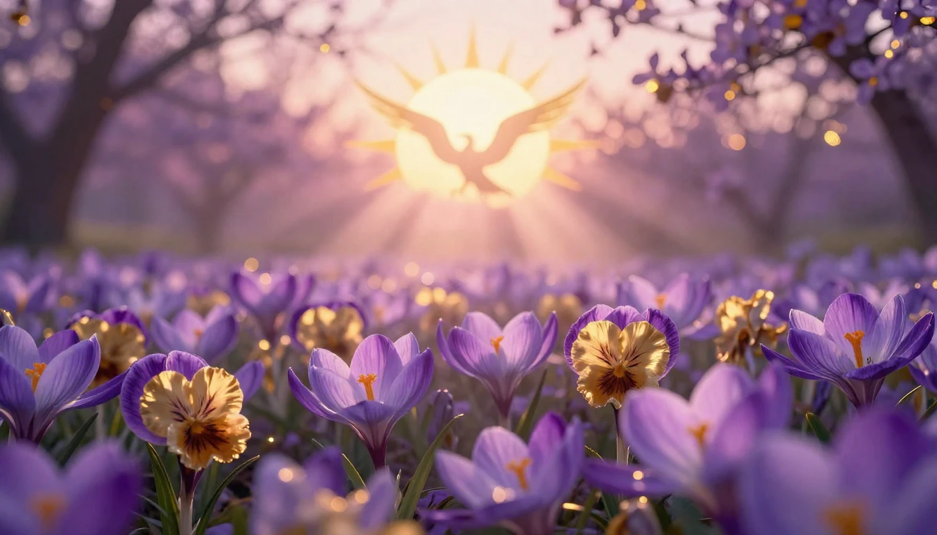 A breathtaking scene of a blooming garden at sunrise, where ...