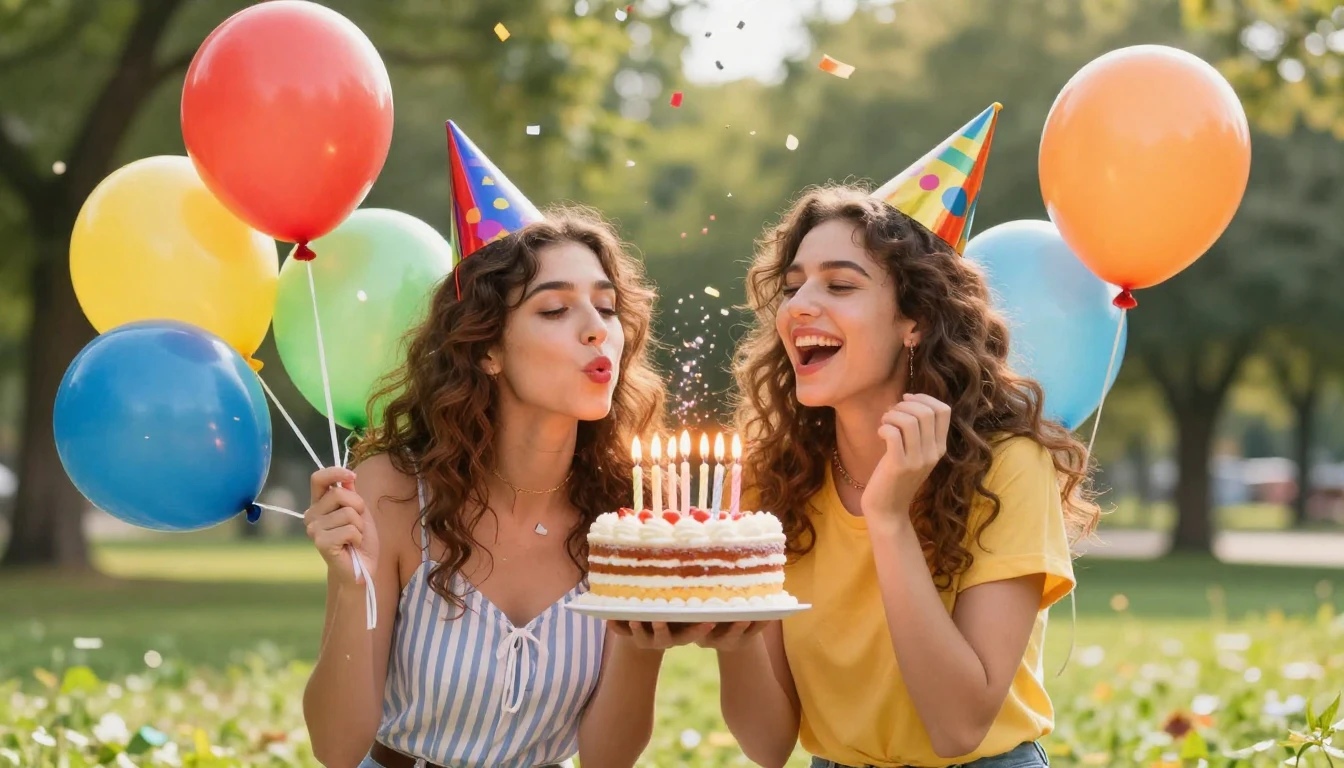A vibrant and joyful scene of two best friends celebrating a...