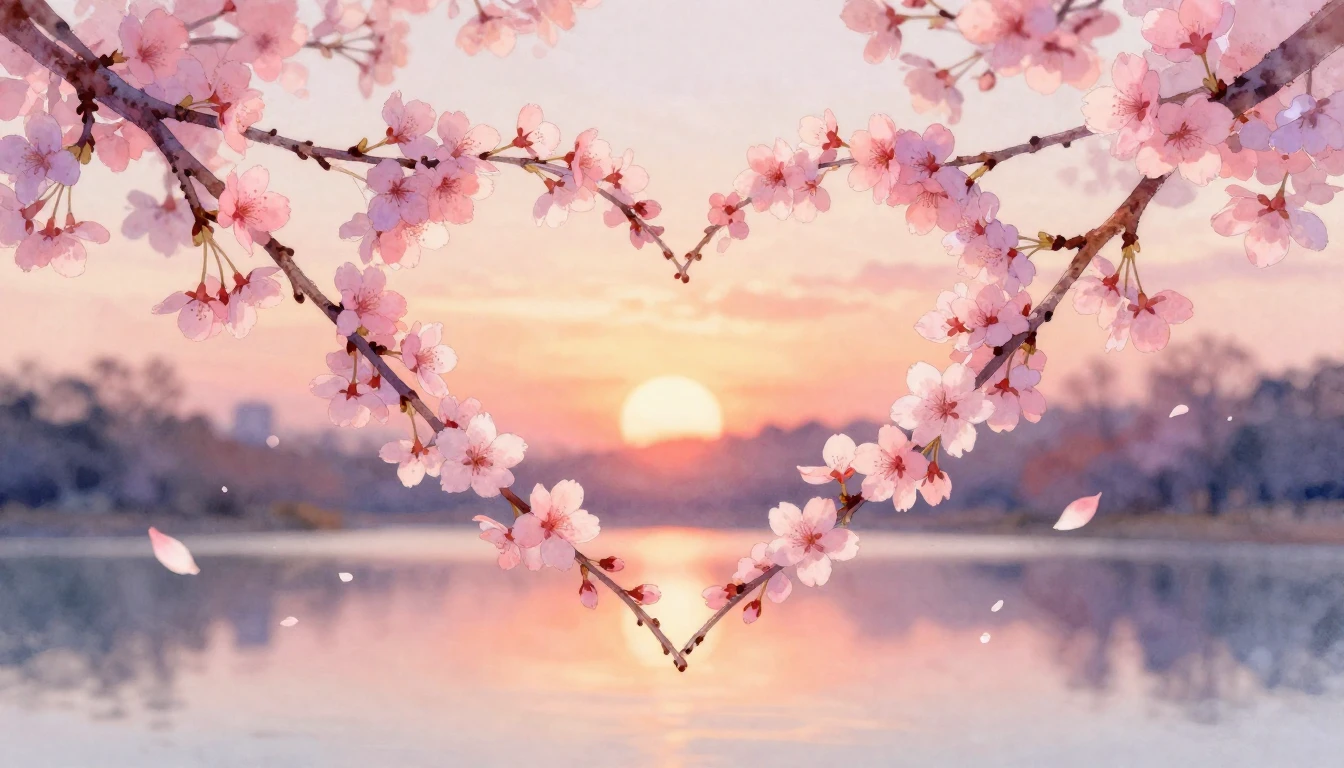 A delicate watercolor painting of two intertwined cherry blo...