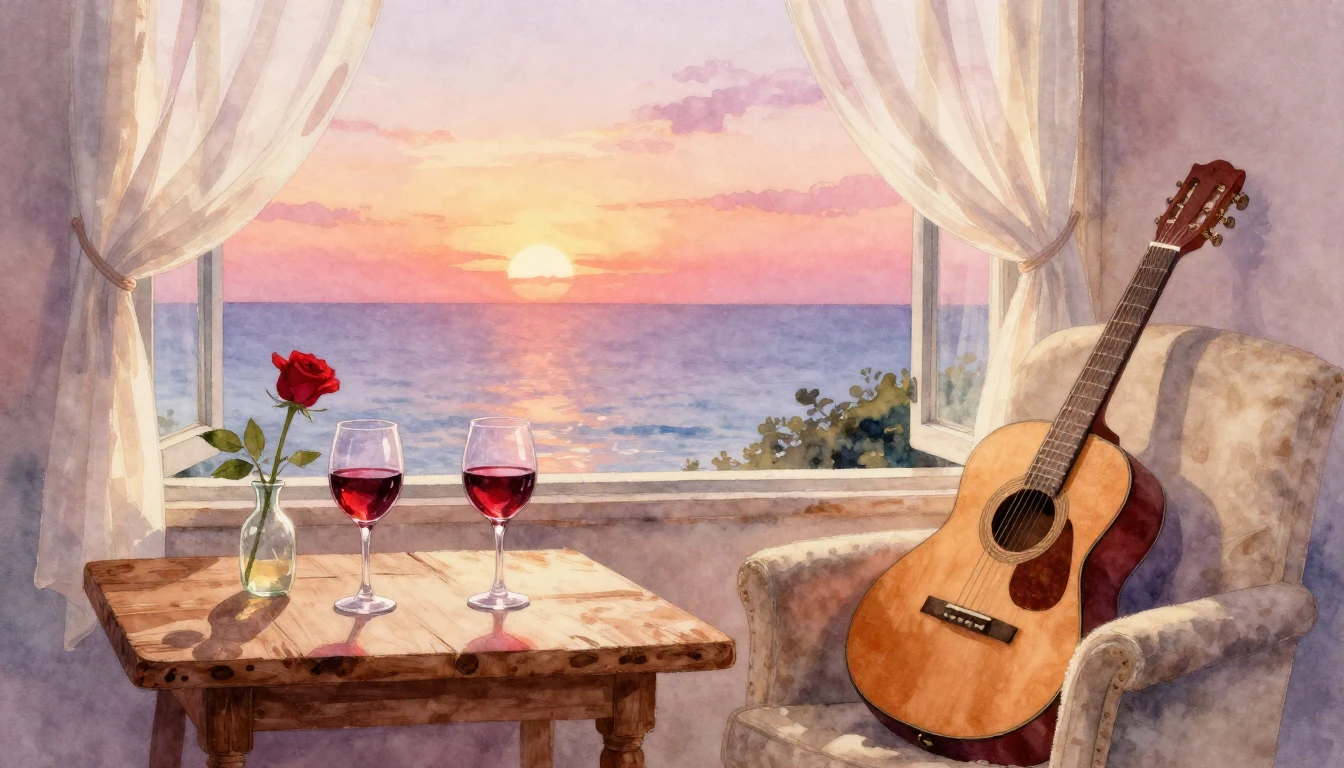 A soft and romantic watercolor painting depicting a cozy int...