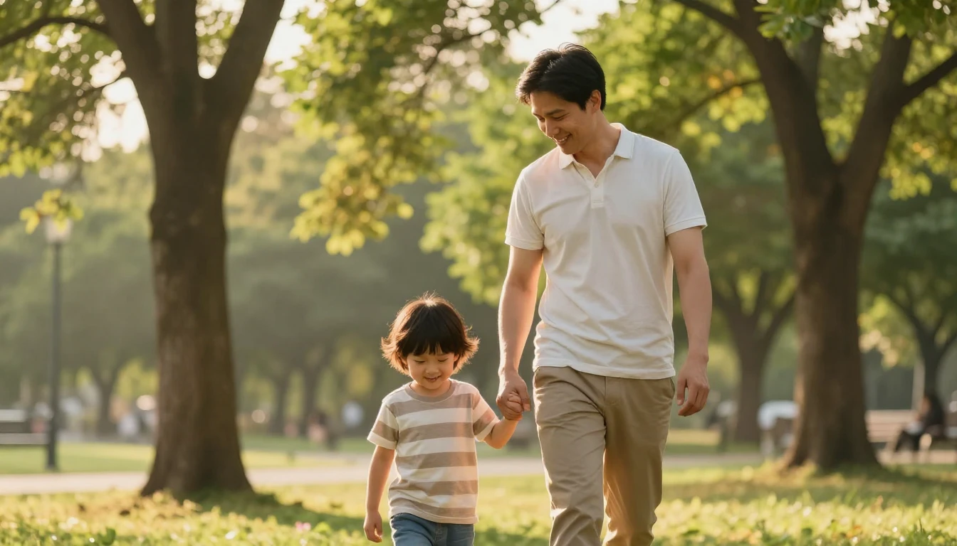 A heartwarming scene of a father and his young child walking...