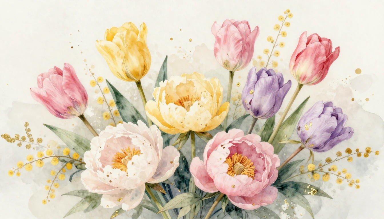 A delicate watercolor painting featuring a lush bouquet of s...