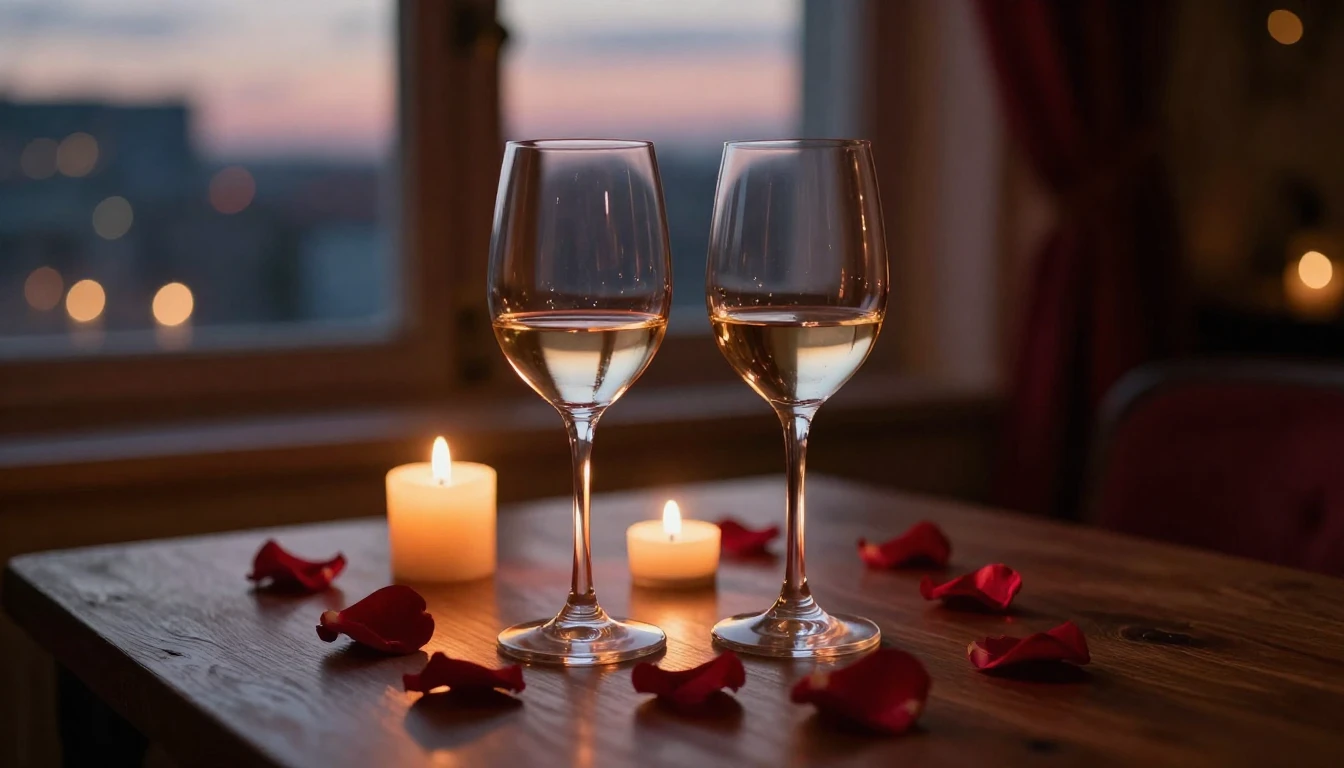 A breathtakingly romantic scene featuring two elegant wine g...