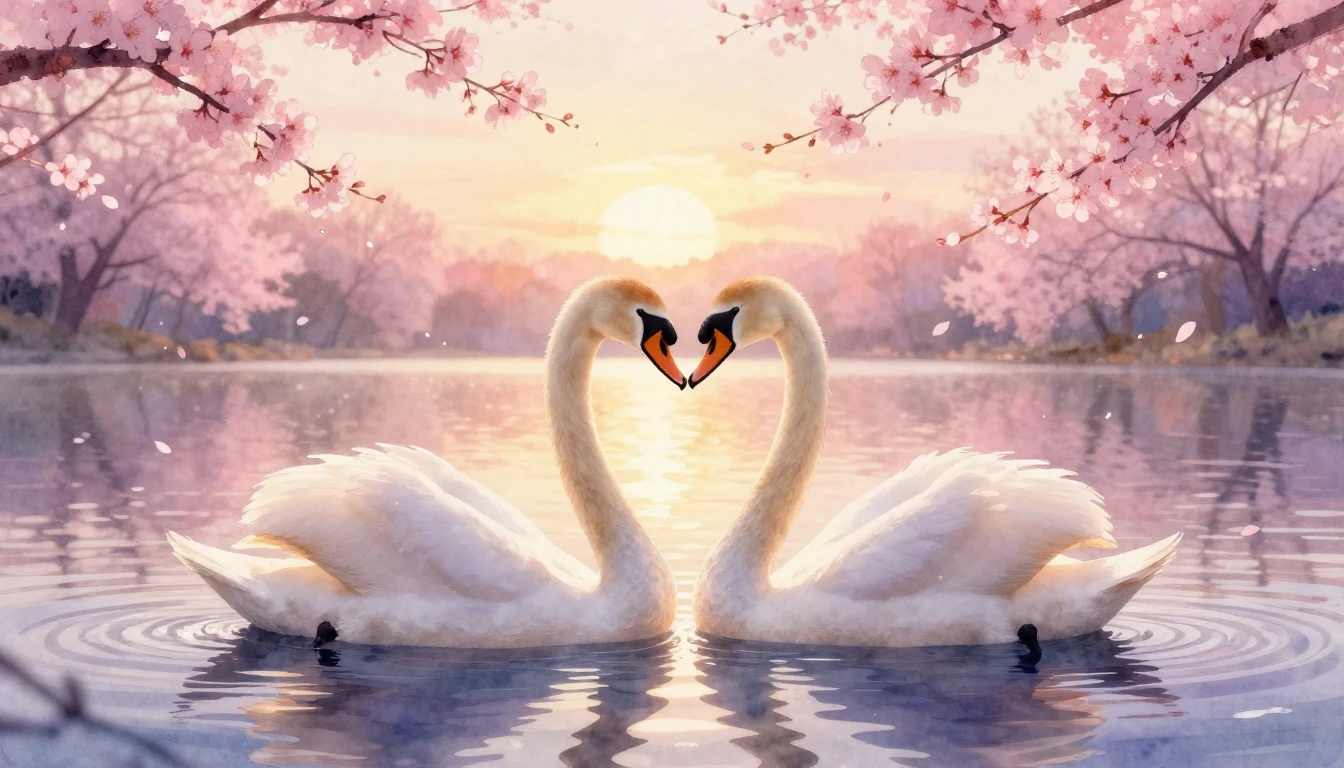 A dreamy watercolor painting of two elegant swans forming a ...