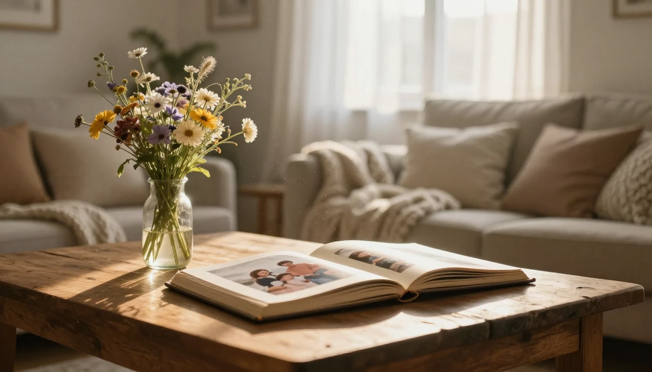 A warm, cinematic close-up shot of a cozy living room scene ...