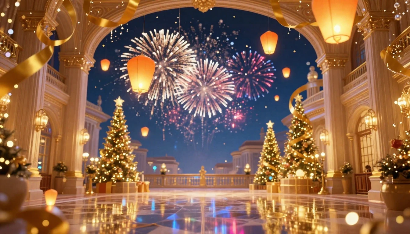 A magnificent festive scene featuring a grand hall filled wi...