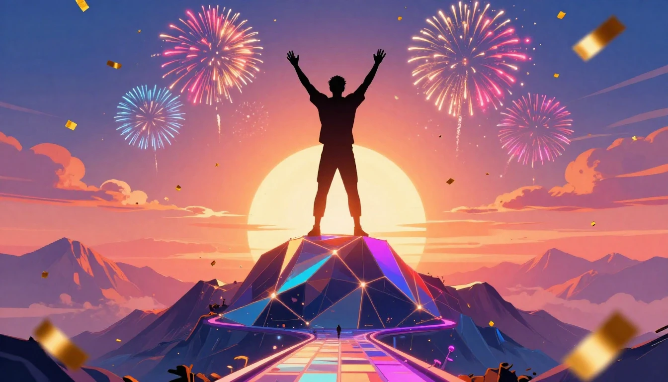 A triumphant human silhouette standing on top of a glowing g...