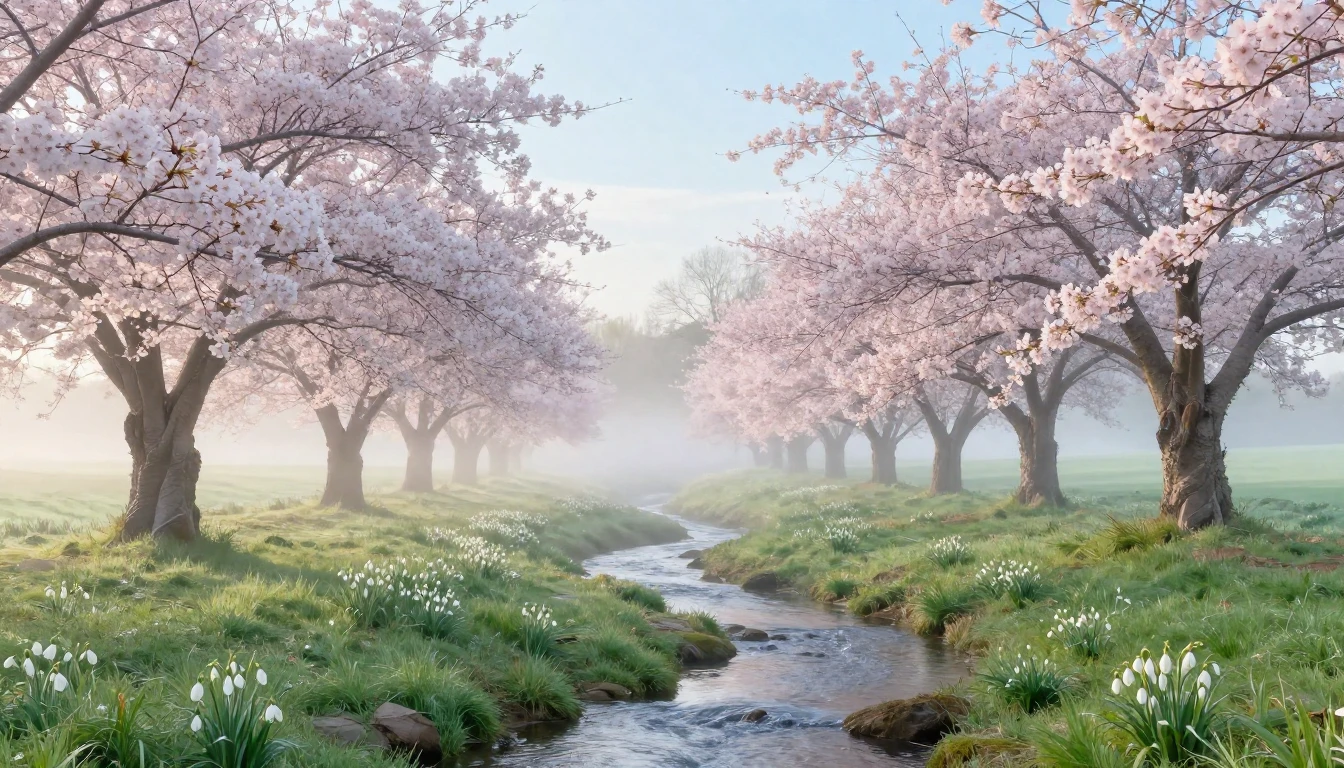 A serene landscape at dawn during early spring. Soft pastel ...