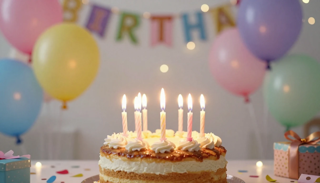 A festive and bright birthday celebration scene, focusing on...