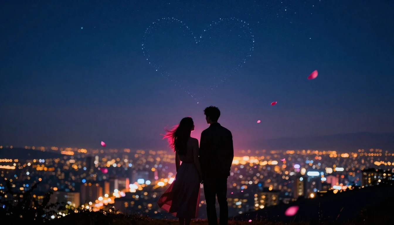 A romantic and atmospheric scene featuring silhouettes of a ...