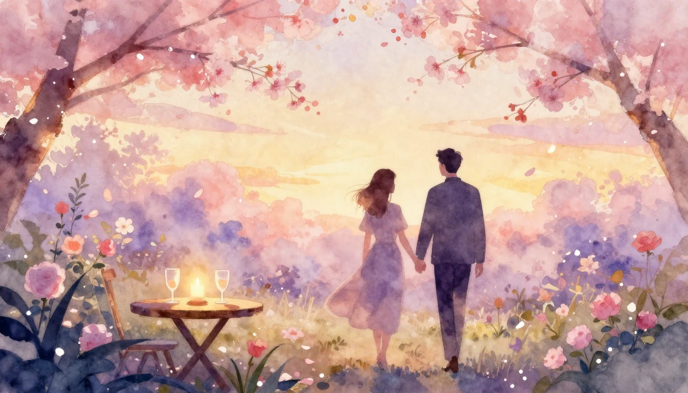 A dreamy watercolor painting of two silhouettes walking hand...