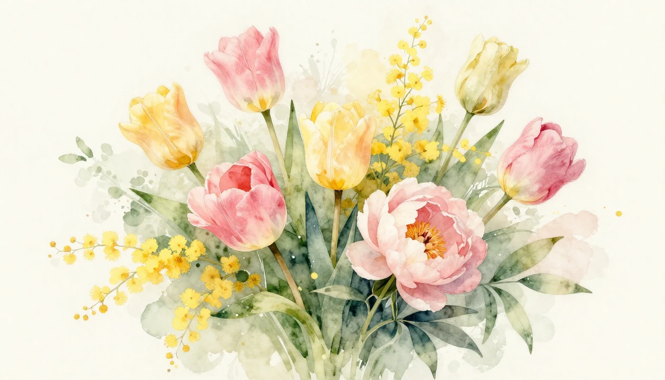 A beautiful watercolor painting of a lush bouquet of spring ...