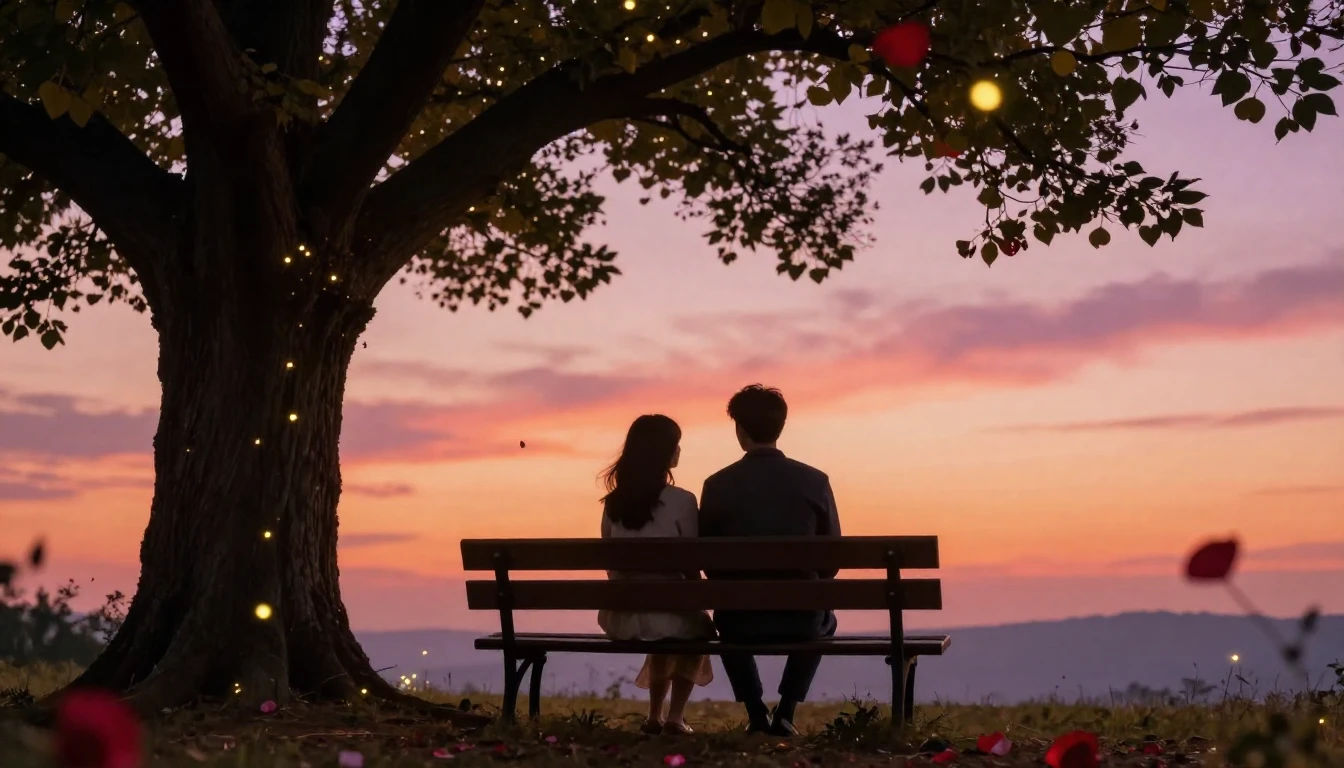 A romantic scene depicting a silhouette of a couple sitting ...