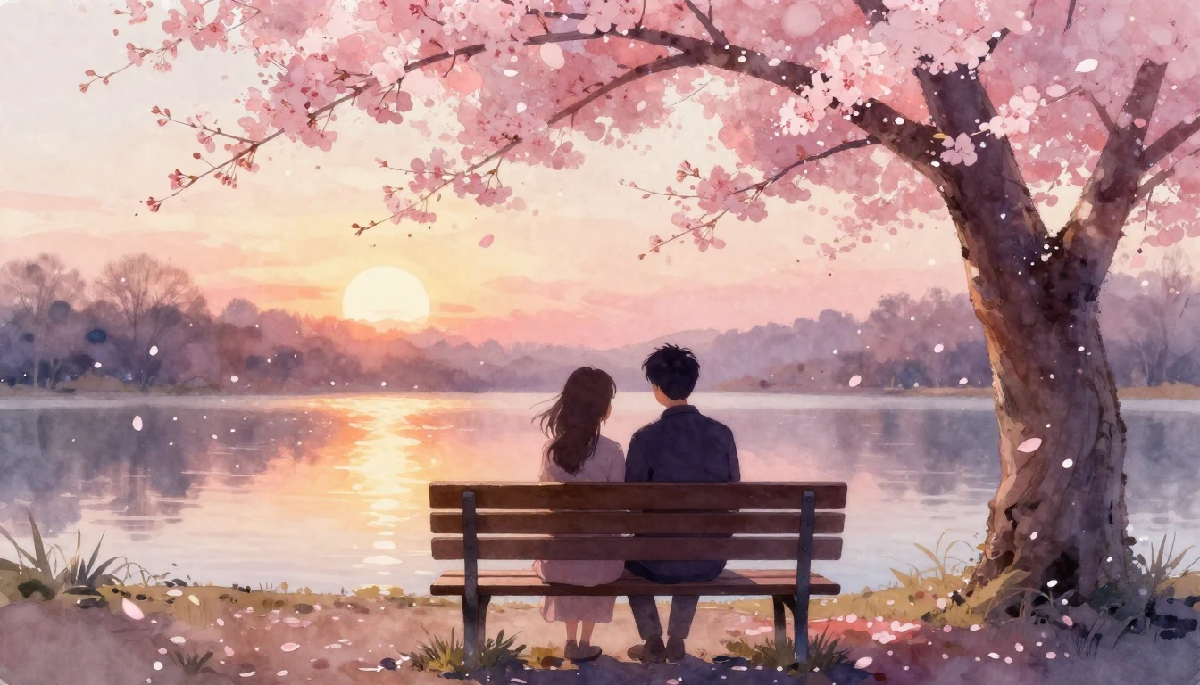 A dreamlike watercolor painting of two silhouettes sitting c...