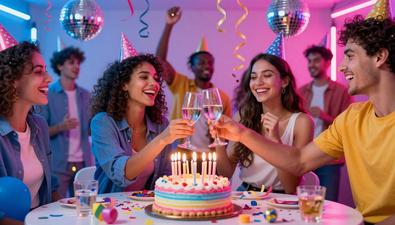 A vibrant and joyful birthday celebration scene. Two friends...