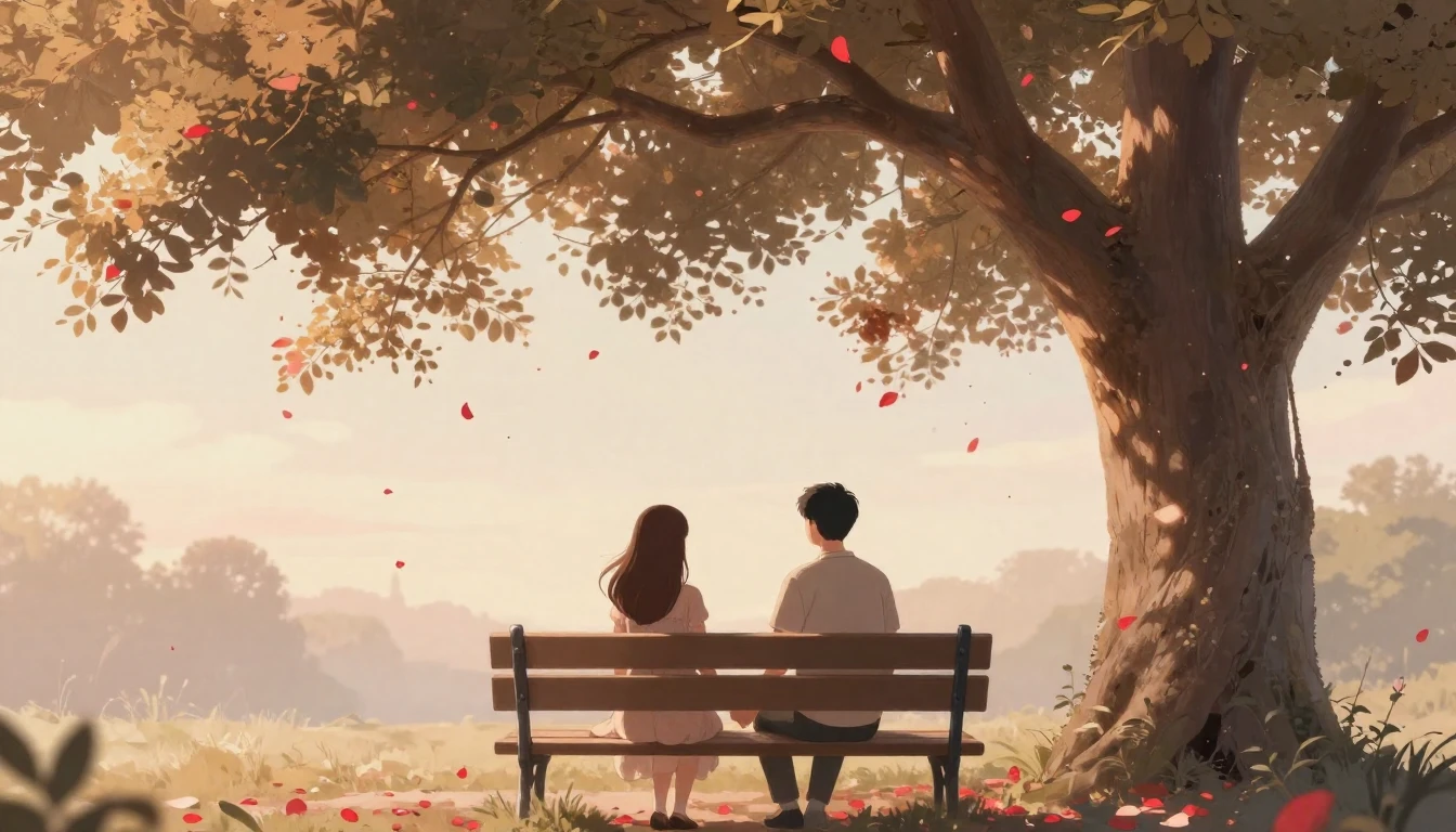 A romantic scene of a couple holding hands on a park bench u...