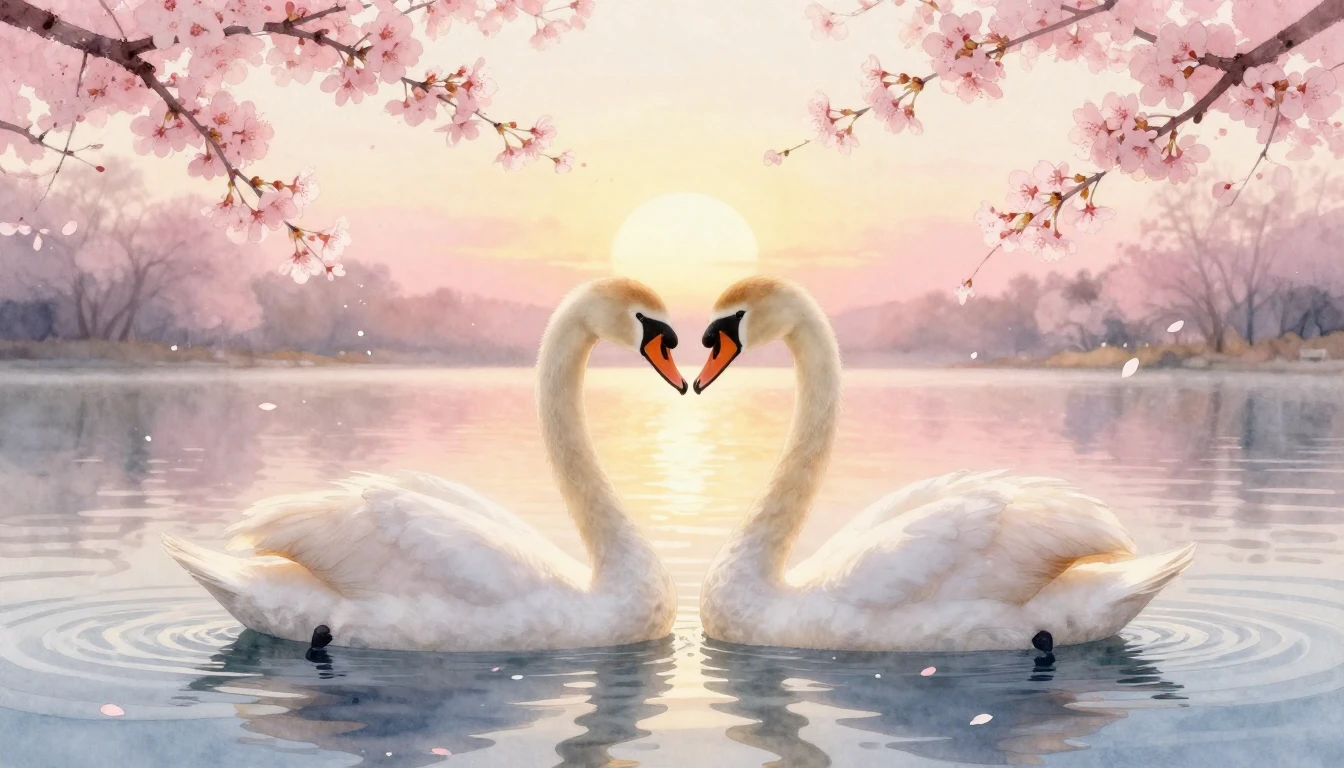 A delicate watercolor painting of two elegant swans forming ...