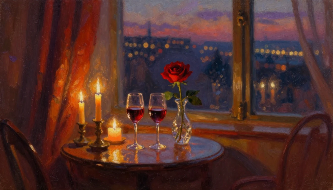 An impressionist oil painting of a cozy, dimly lit room over...
