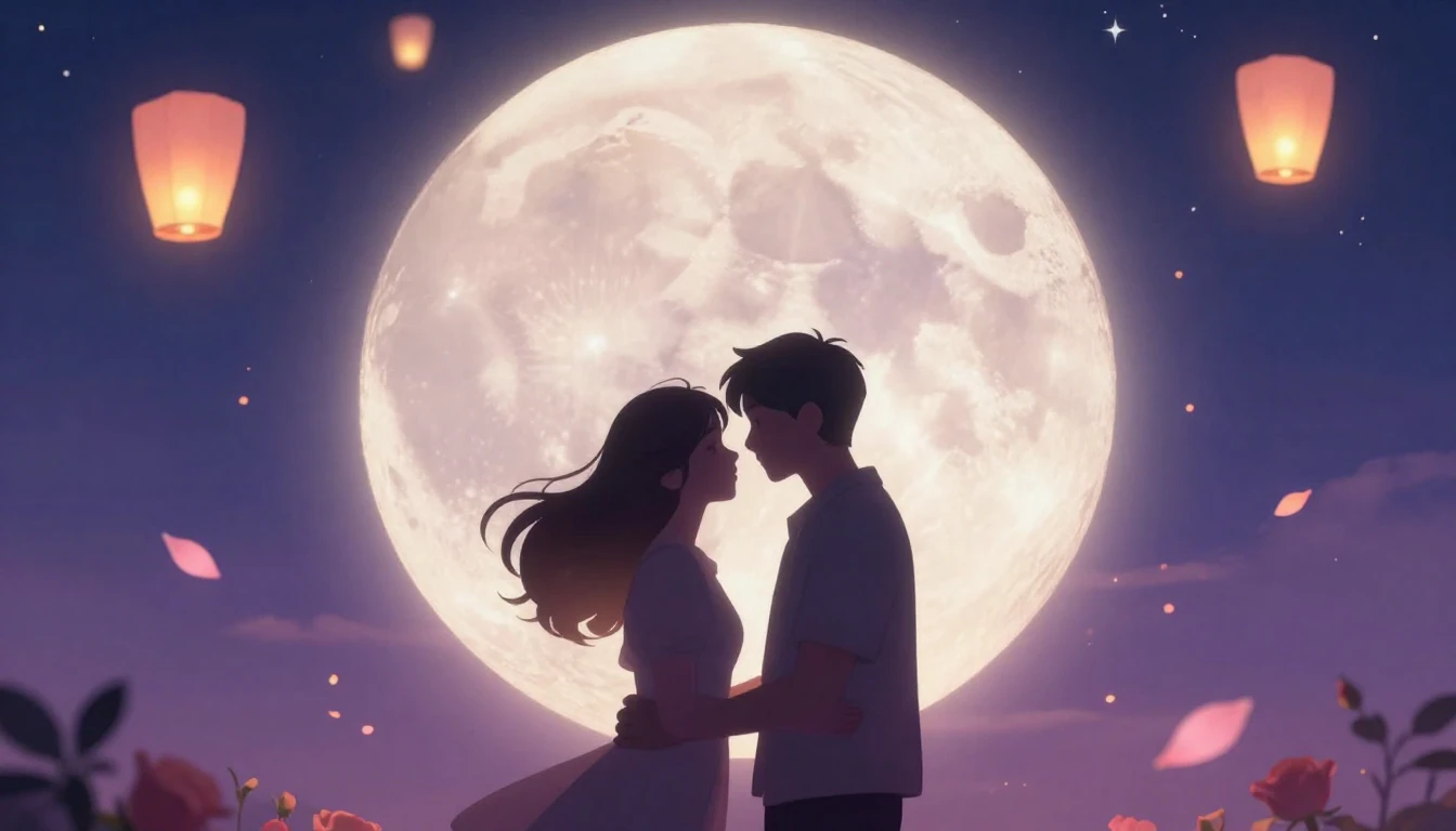A romantic and dreamy illustration of a couple silhouetted a...