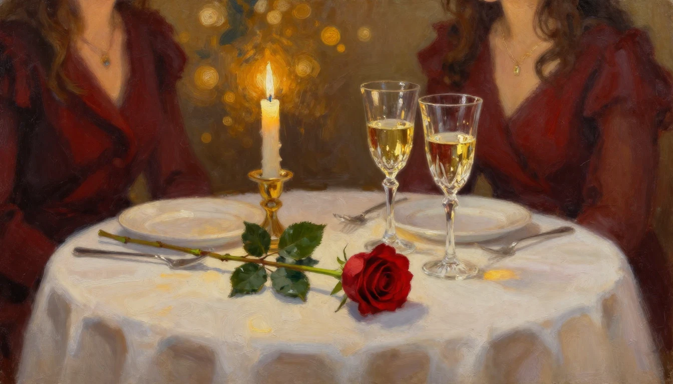An exquisite oil painting of a candlelit dinner table set fo...