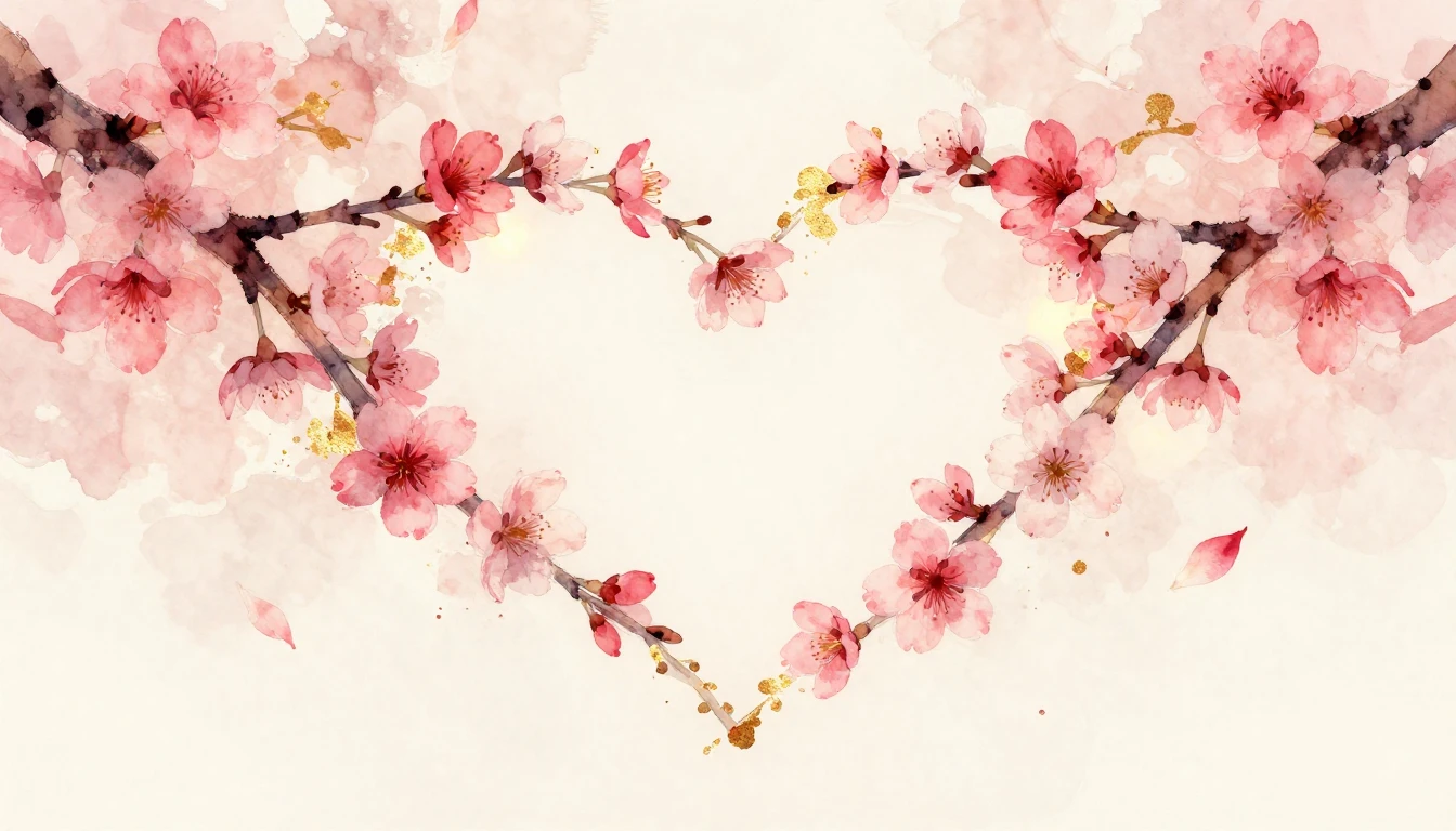 A delicate watercolor painting of two intertwined cherry blo...