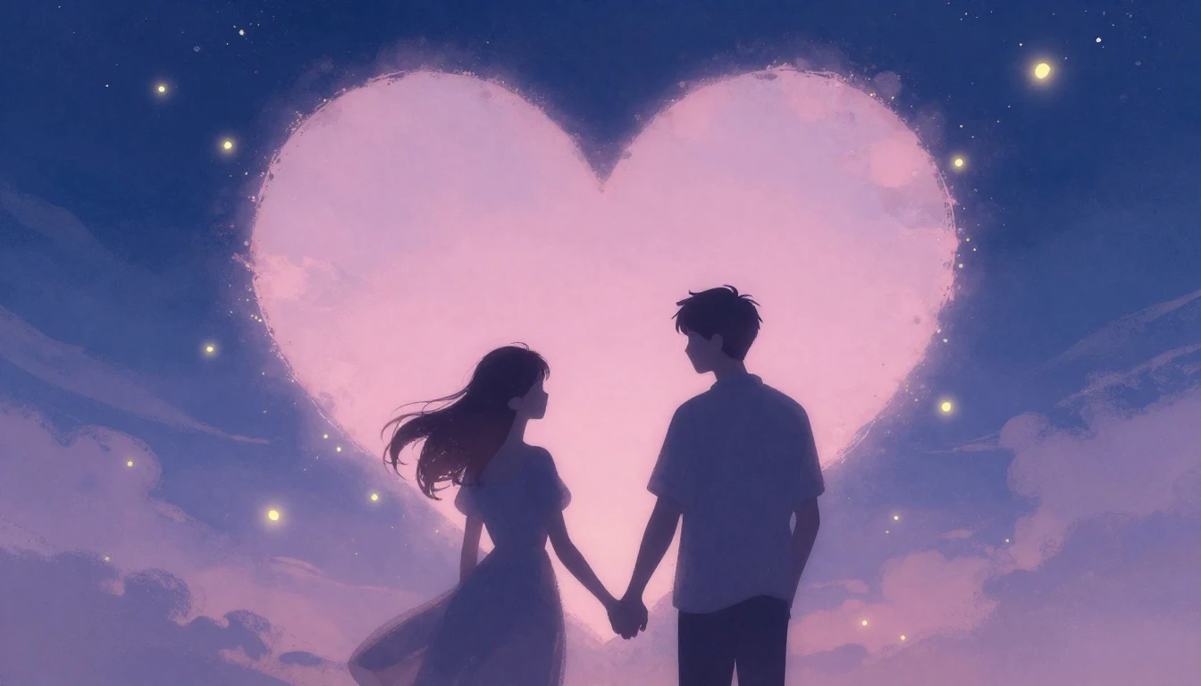 A romantic and dreamy illustration featuring two silhouettes...