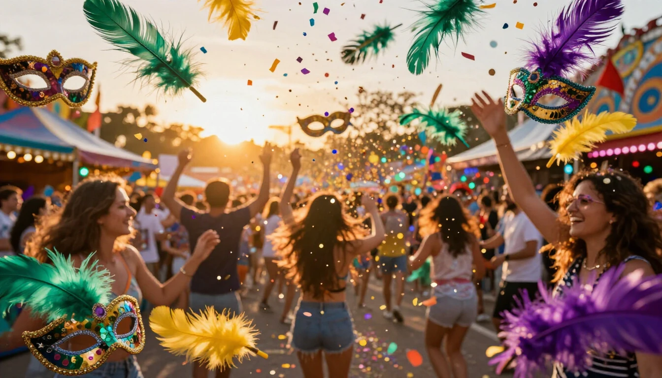 A vibrant and explosive scene of a carnival celebration. The...