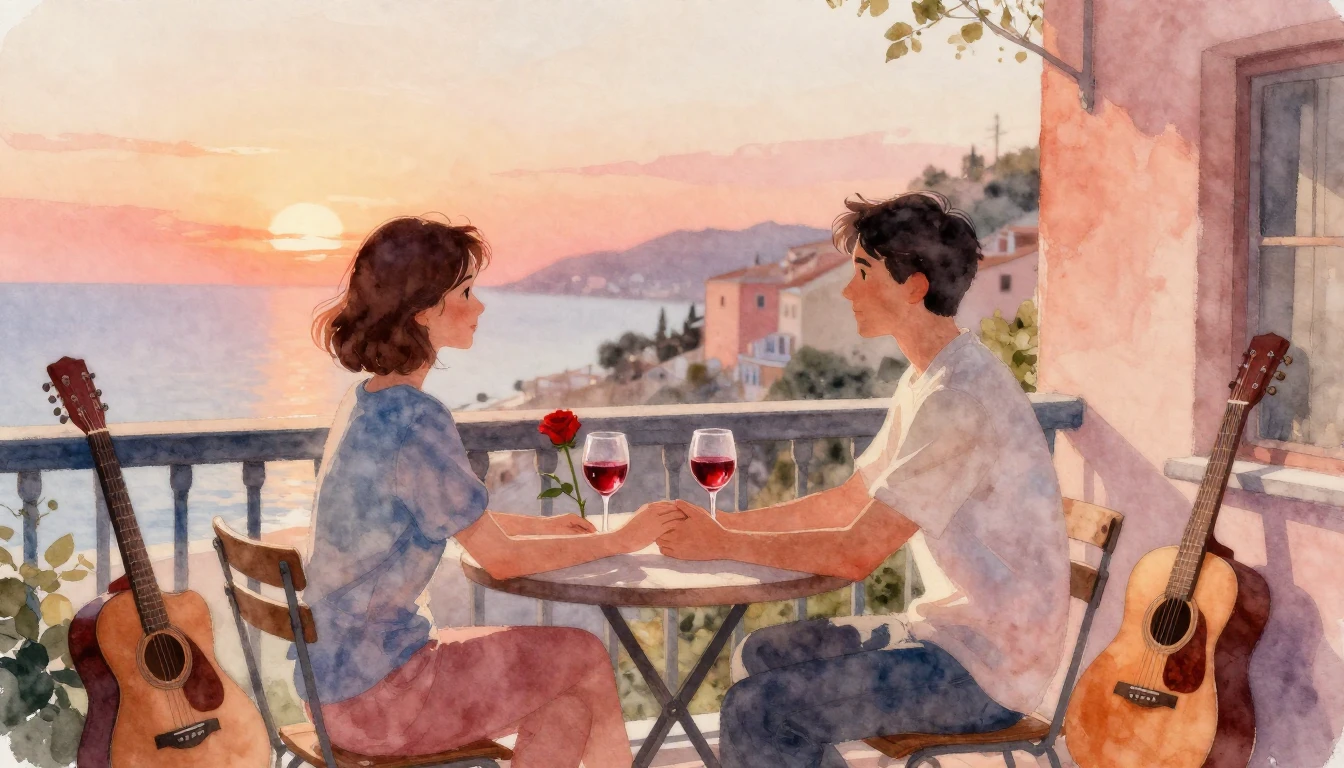 A romantic watercolor painting of a couple sitting on a cozy...