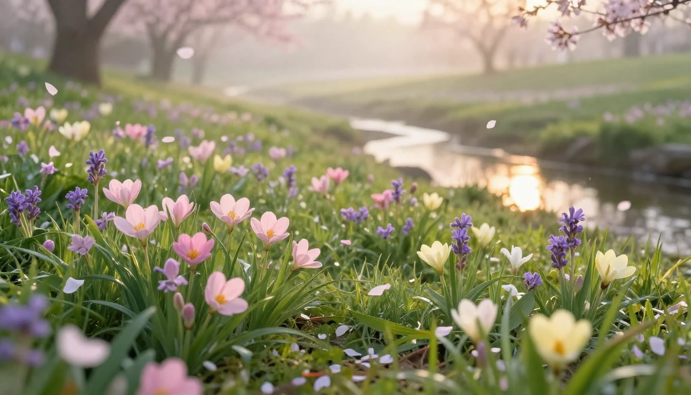 A lush meadow at sunrise during early spring. Vibrant wildfl...
