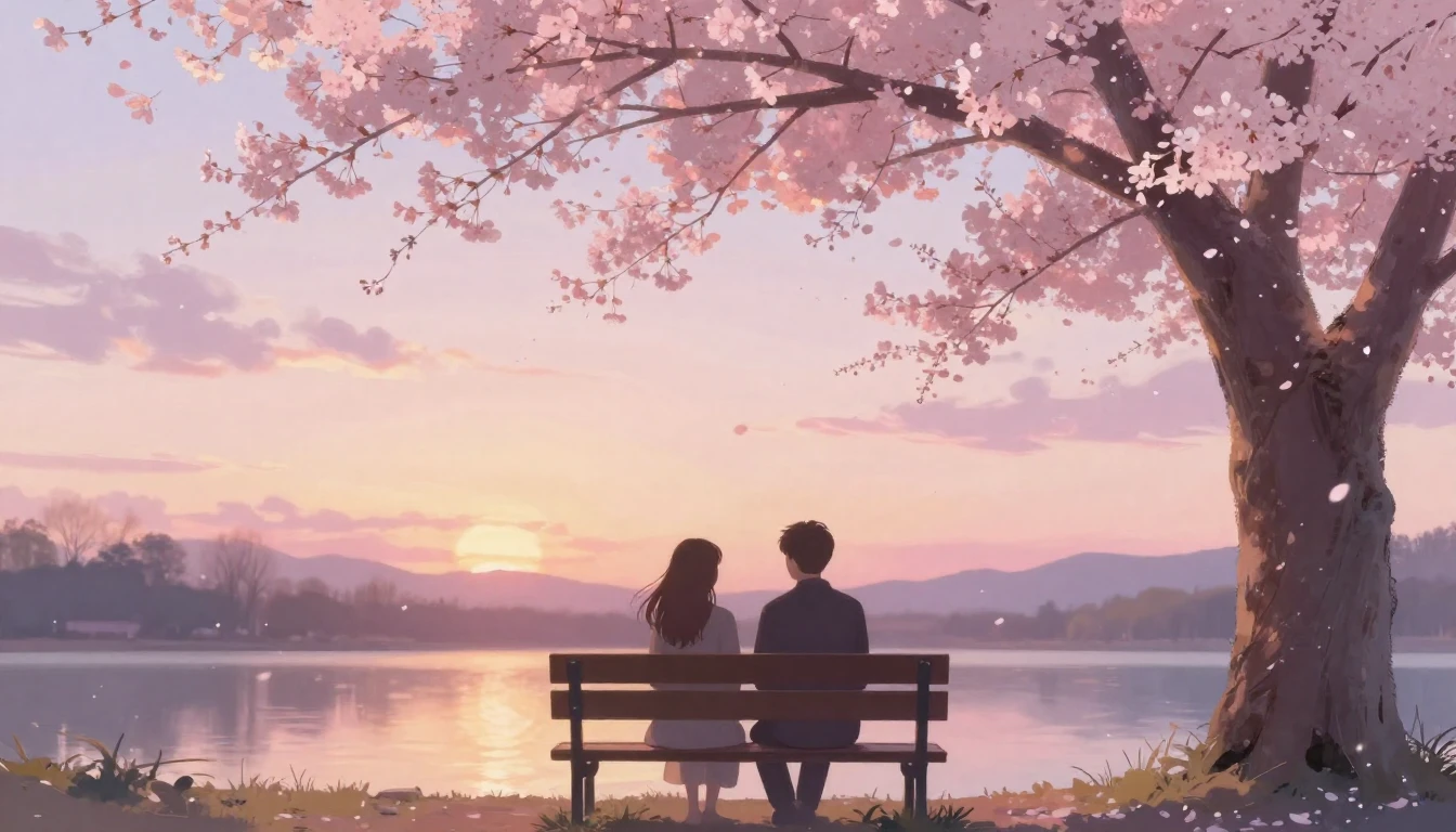 A dreamy and romantic scene featuring two silhouettes sittin...