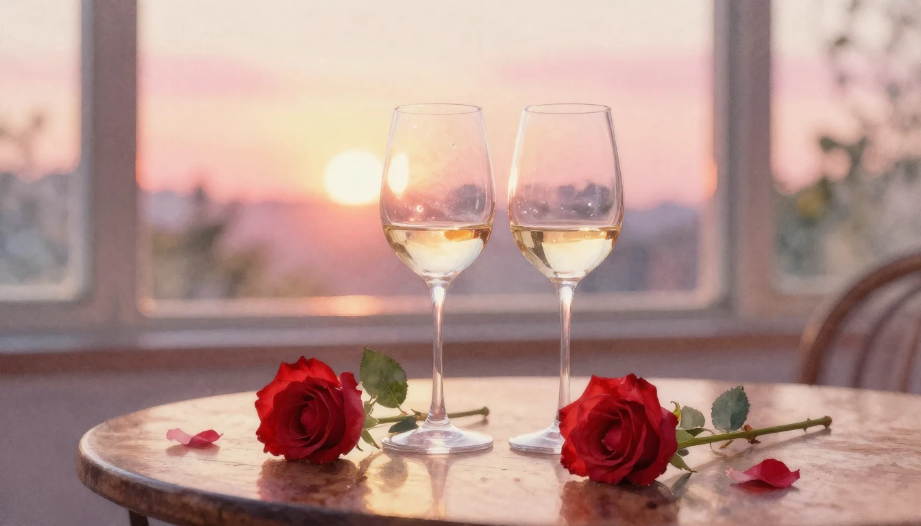 A soft watercolor painting of two elegant wine glasses sitti...