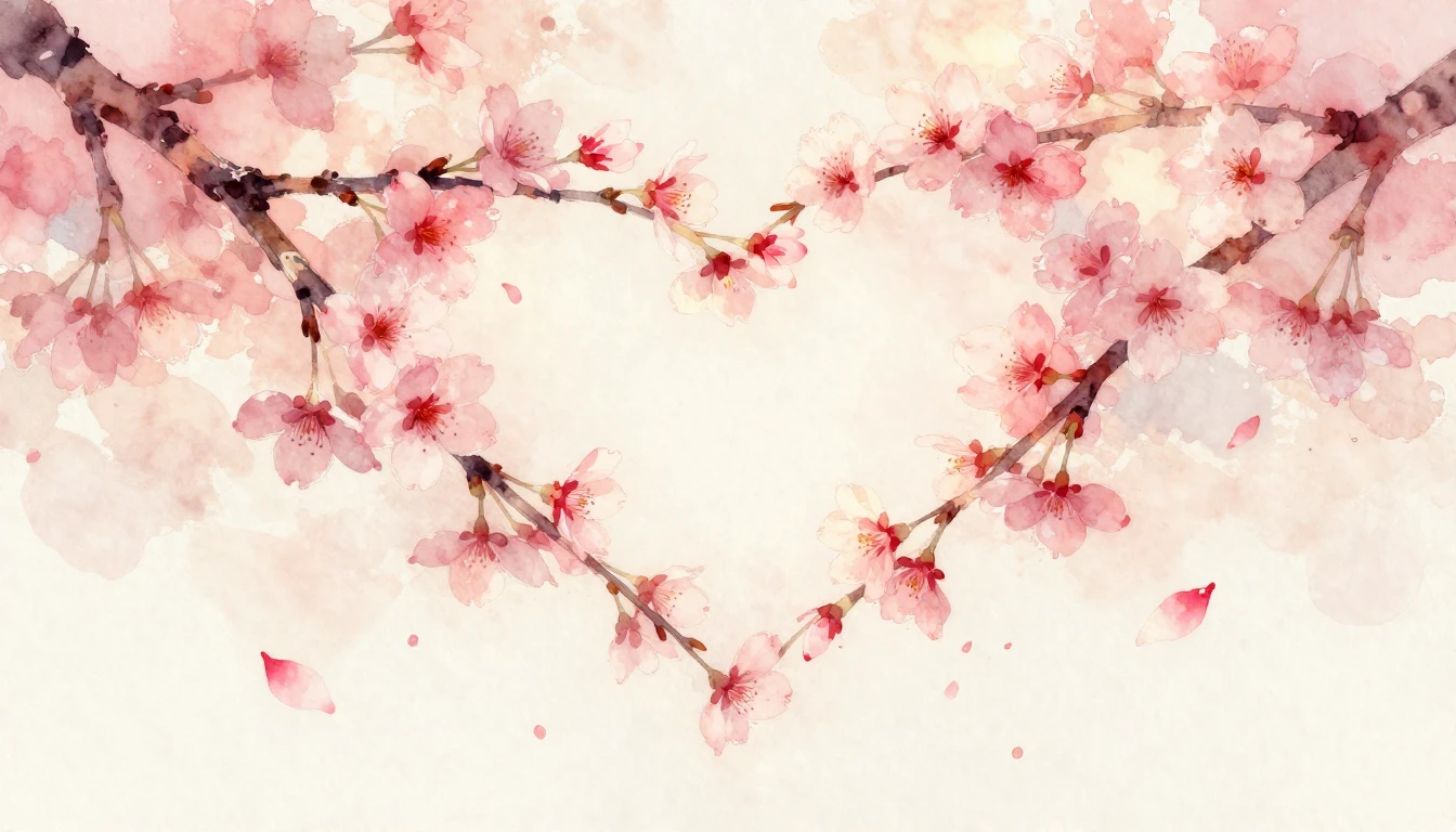 A delicate watercolor painting of two intertwined cherry blo...