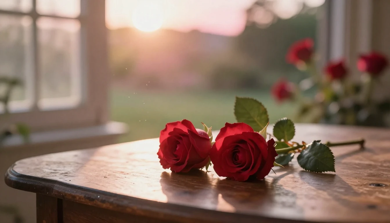 A dreamy and ethereal scene featuring two delicate red roses...