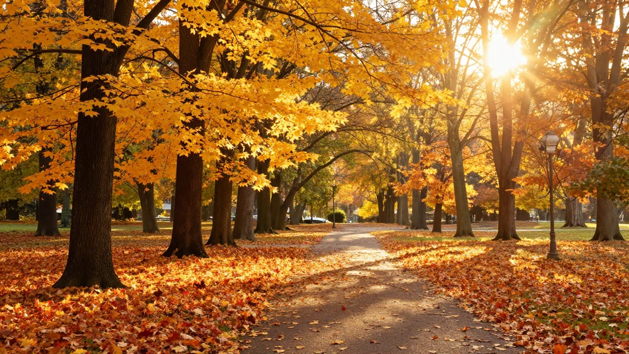 A scenic autumn park glowing in golden and amber hour sunlig...