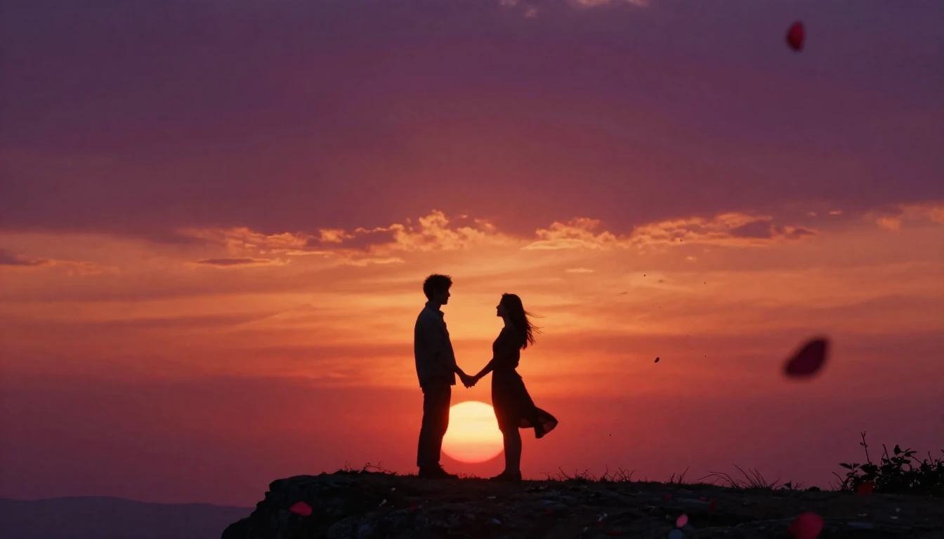 A romantic cinematic shot of a couple standing on a cliff ed...
