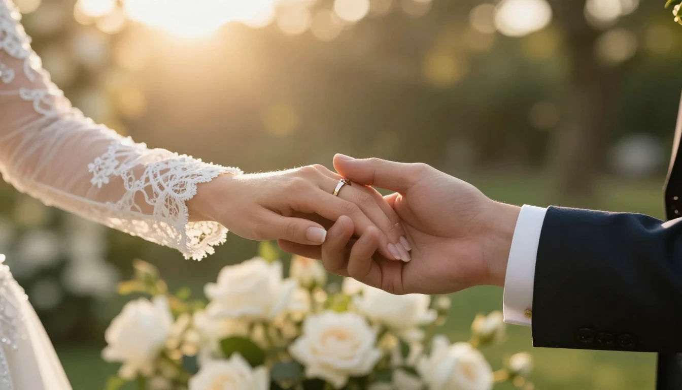 A cinematic close-up shot representing a wedding celebration...