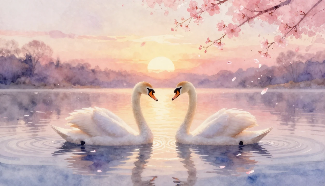 A soft watercolor painting of two elegant swans gliding on a...