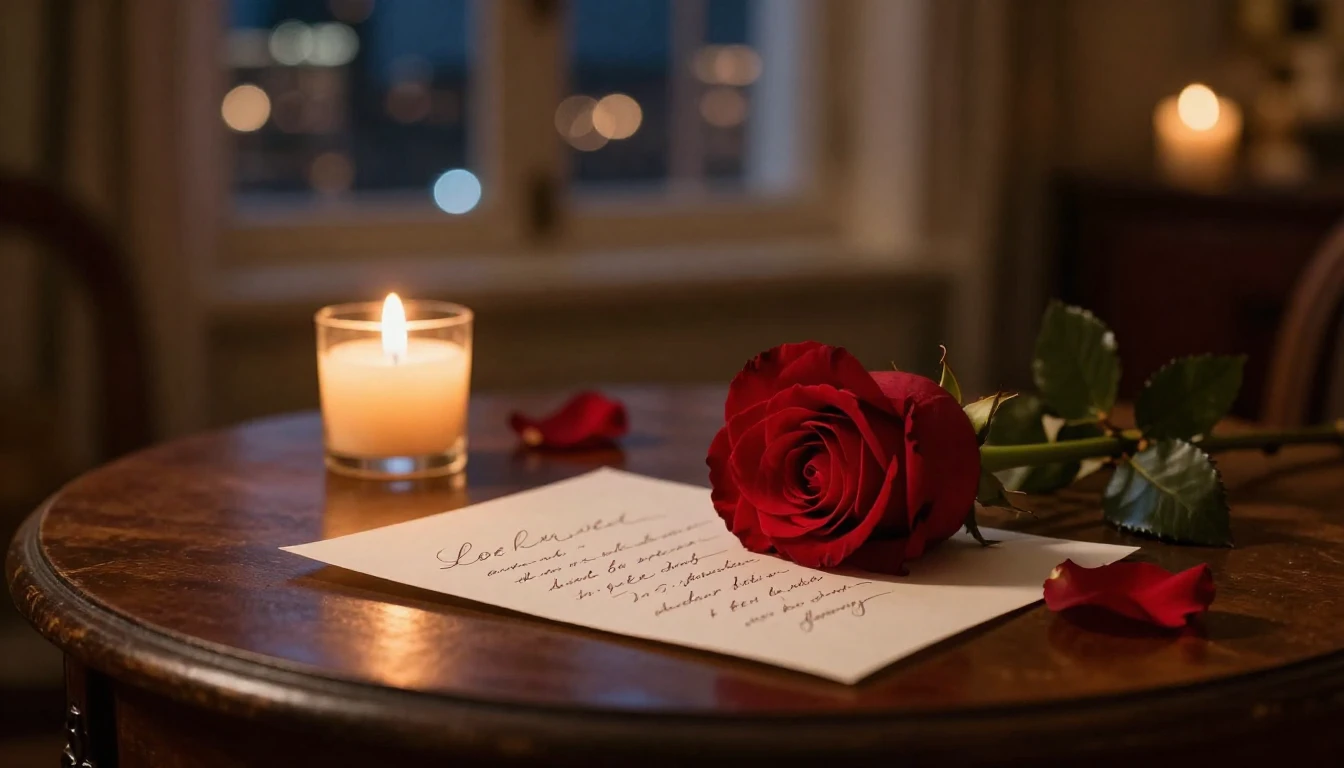 A cinematic close-up shot of a romantic evening setting insi...